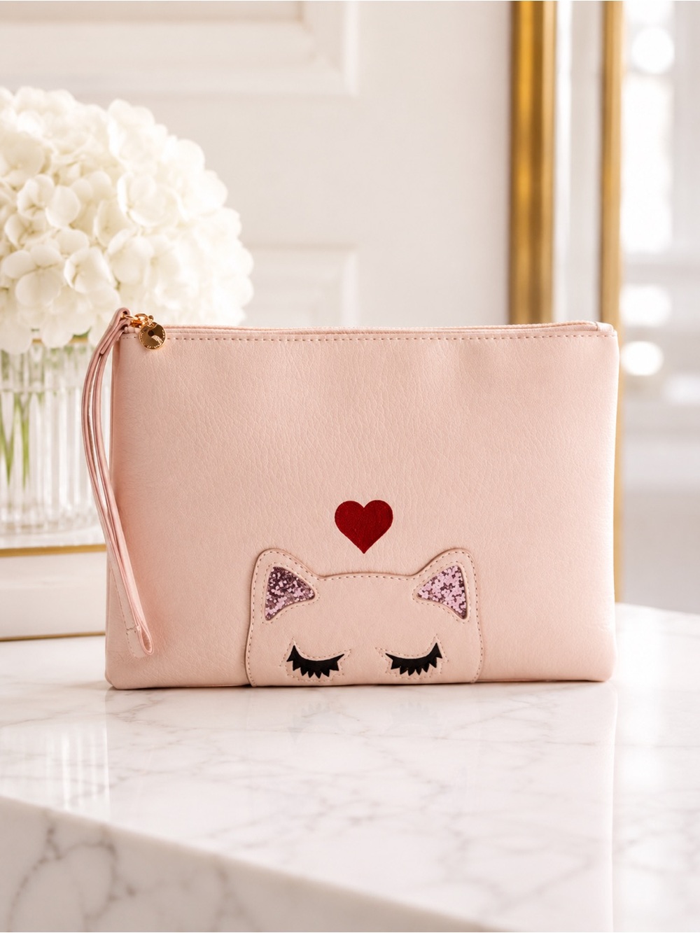 LC Lauren Conrad Blush Cat Wristlet Clutch Pink Cosmetic Pouch NWT